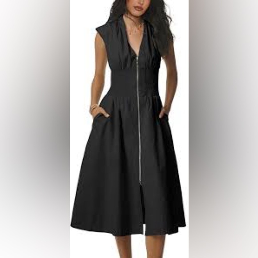 Black A-Line Midi Skirt with Front Zipper